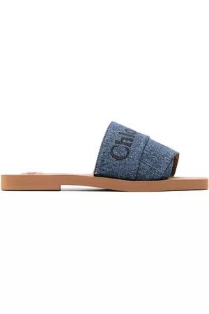 Chloé Dames Teenslippers - Woody logo-embroidered denim slides