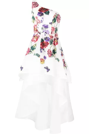 Marchesa Notte Dames Asymmetrische jurken - Floral-embroidered one-shoulder tiered dress