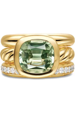 David Yurman 18K yellow DY Mercer?? Four Row diamond and prasiolite ring