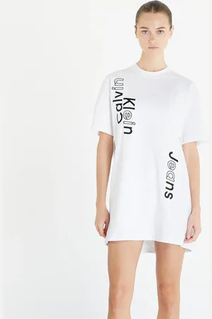 Calvin Klein Jeans Multi Placement Logo Tee Dress Bright White S