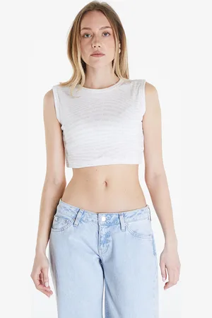 Calvin Klein Top Jeans Aop Cropped Tank Top Warp Logo White L