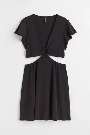 H&M Dames Uitgesneden Jurken - Tricot jurk met cut-out - Zwart