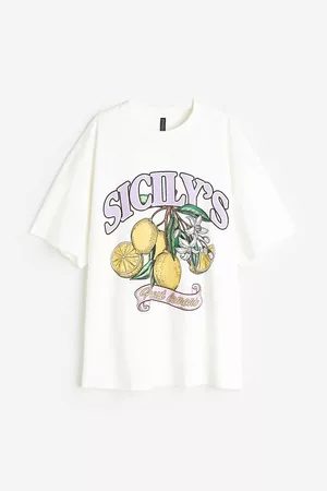H&M Dames Oversized Overhemden - Oversized T-shirt met print - Wit