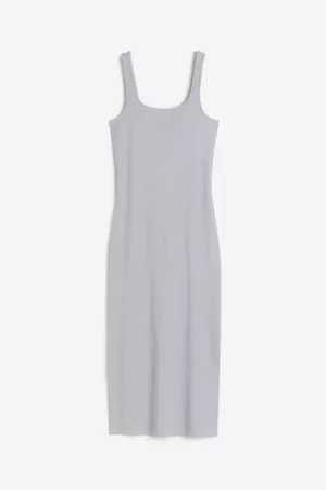 H&M Dames Midi jurken - Geribde bodyconjurk - Grijs