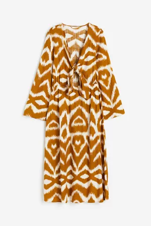 H&M Dames Midi jurken - Jurk van linnenmix met geknoopt detail - Geel