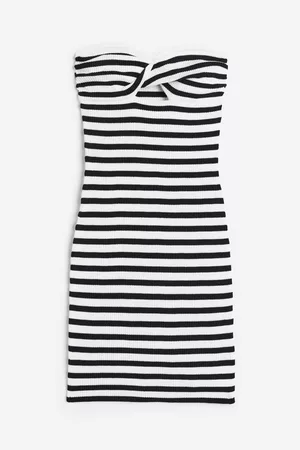 H&M Dames Strapless jurken - Ribgebreide bandeaujurk met gedraaid detail - Wit