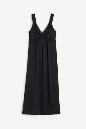 H&M Dames Midi jurken - MAMA Satijnen jurk met kant - Zwart