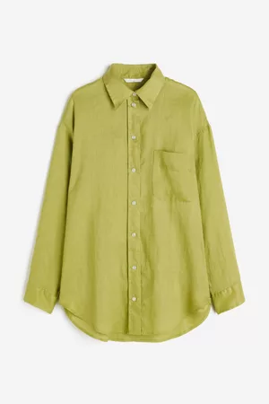 H&M Dames Oversized Overhemden - Oversized linnen hemd - Groen
