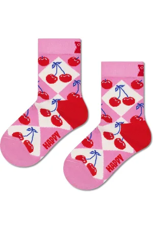 Happy Socks Kids Pink Cherry Argyle Crew Sock
