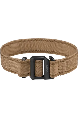 HUGO BOSS Camelkleurige, geweven armband met logoband en verstelbare gesp