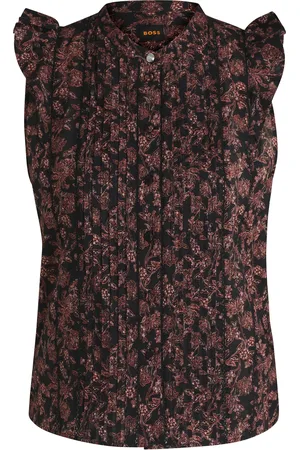 HUGO BOSS Regular-fit geplooide blouse van katoenen voile met print
