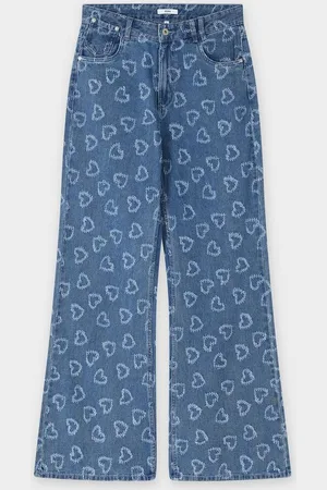 Sora Blauwe Jeans Met Hartjespatroon, Flared Fit