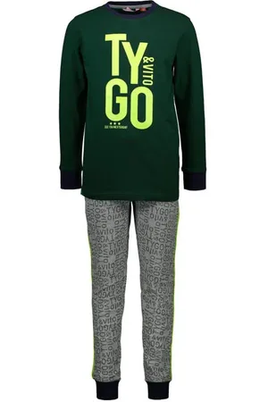 TYGO & vito Pyjama met logo donkergroen/grijs melange Jongens Katoen Ronde hals