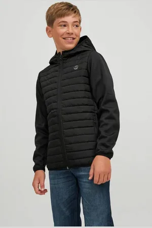JACK & JONES JUNIOR gewatteerde tussenjas JJEMULTI met logo zwart Jongens Polyester Capuchon