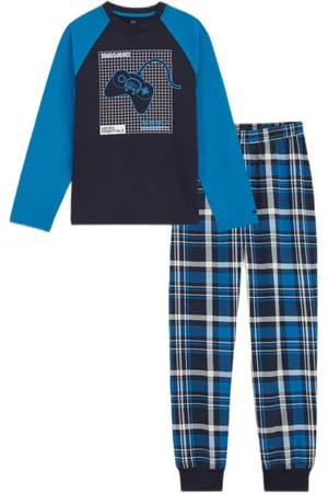 WE Fashion Geruite pyjama donkerblauw/blauw/wit Jongens Stretchkatoen Ronde hals