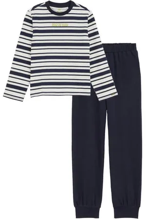 WE Fashion Pyjama met streepdessin donkerblauw/wit Jongens Stretchkatoen Ronde hals