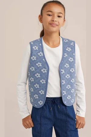 WE Fashion Gilet blauw Meisjes Polyester Ronde hals Bloemen
