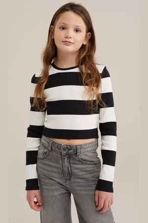 WE Fashion Longsleeve ecru Zwart Meisjes Stretchkatoen Ronde hals Effen