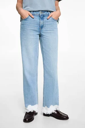 MANGO Straight regular waist light blue denim Jeans Blauw Tie