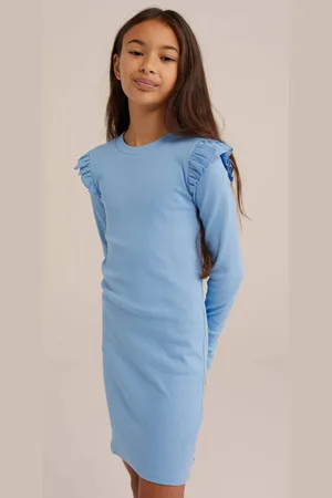 WE Fashion Korte jurk blauw Meisjes Stretchkatoen Ronde hals Effen