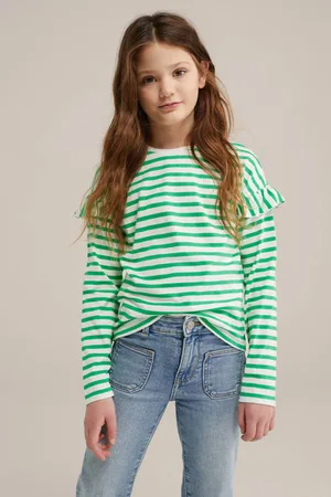 WE Fashion Longsleeve groen Meisjes Katoen Ronde hals Streep