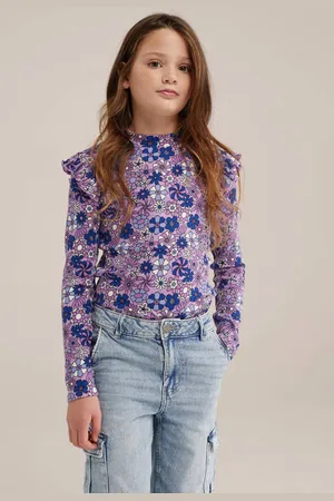 WE Fashion WE Fundamentals longsleeve paars/blauw/wit Meisjes Stretchkatoen Ronde hals