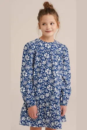 WE Fashion Korte jurk donkerblauw Meisjes Katoen Ronde hals Bloemen