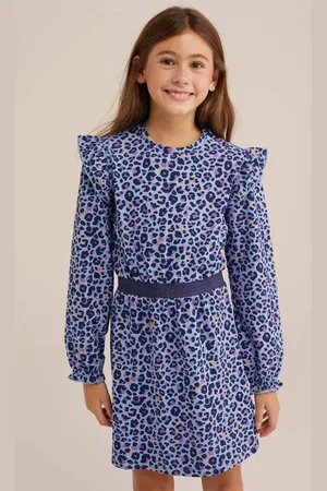 WE Fashion Korte jurk lichtblauw Meisjes Stretchkatoen Ronde hals All over print