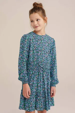 WE Fashion Korte jurk donkerblauw Meisjes Viscose Ronde hals Bloemen