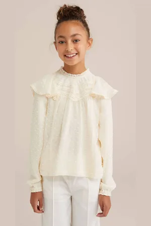 WE Fashion Lange mouwen top met ruches ecru Meisjes Polyester Ronde hals