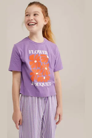 WE Fashion Pyjama lila/wit/oranje Paars Meisjes Katoen Ronde hals Printopdruk