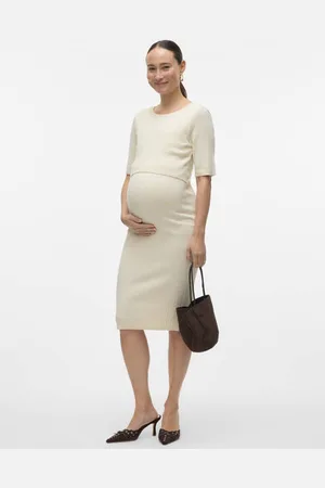Mama;licious Zwangerschaps korte jurk fijn gebreid ecru Dames Viscose Ronde hals