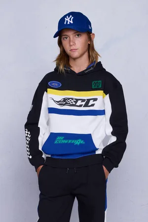CoolCat Colourblock Hoodie Niko met Racer Prints Sweater Wit Jongens Katoen Capuchon