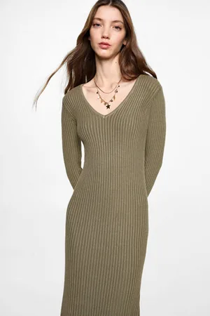 MANGO Maxi jurk rib gebreid kaki Groen Meisjes Viscose V