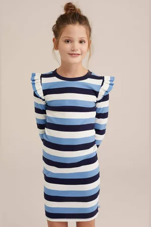 WE Fashion Korte jurk blauw Meisjes Stretchkatoen Ronde hals Streep