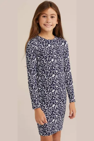 WE Fashion Bodycon jurk donkerblauw Meisjes Stretchkatoen Ronde hals Bloemen