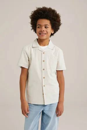 WE Fashion Blue Ridge overhemd beige Jongens Stretchkatoen Klassieke kraag