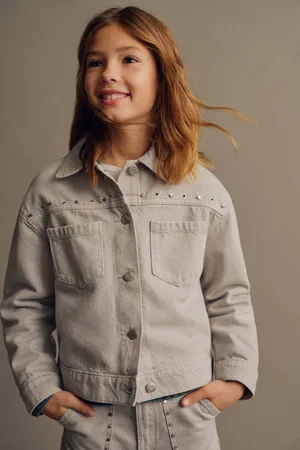 MANGO Spijkerjas lichtgrijs Meisjes Denim Klassieke kraag Effen