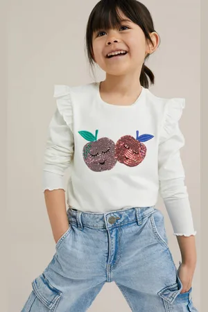 WE Fashion Longsleeve ecru met pailletten Meisjes Stretchkatoen Ronde hals