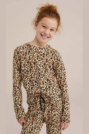 WE Fashion Pyjama met panter hartjes print beige/zwart Meisjes Katoen Ronde hals
