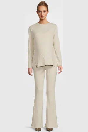 Mama;licious High waist zwangerschaps flared broek ecru Wit Dames Katoen