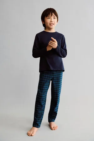 MANGO Pyjama donkerblauw Jongens Katoen Ronde hals Ruit