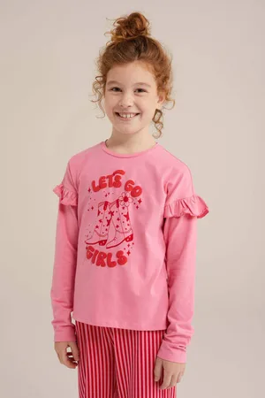 WE Fashion Pyjama met ruches roze/fuchsia Meisjes Katoen Ronde hals Meerkleurig
