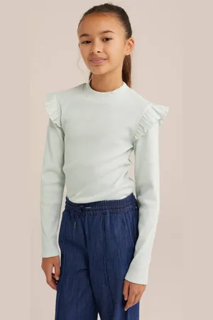 WE Fashion Longsleeve groen Meisjes Katoen Ronde hals Effen