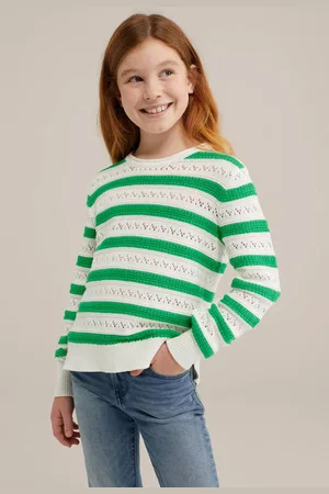 WE Fashion Gebreide trui groen Meisjes Katoen Ronde hals Streep