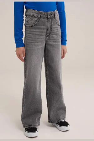 WE Fashion High waist wide leg jeans Grijs Effen