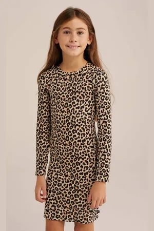 WE Fashion Bodycon jurk bruin Meisjes Stretchkatoen Ronde hals Panterprint