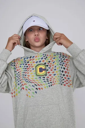 CoolCat Sweatjurk Kiana met Meerkleurige Print Grijs Meisjes Katoen Capuchon