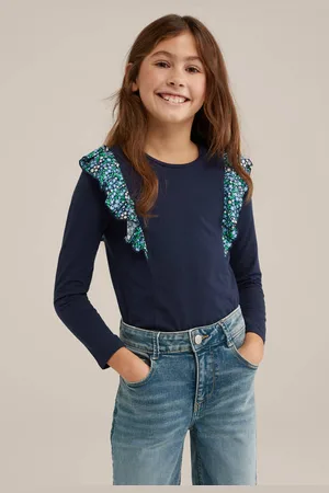 WE Fashion Longsleeve donkerblauw Meisjes Stretchkatoen Ronde hals Effen