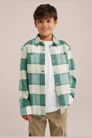 WE Fashion Blue Ridge geruit overhemd groen/ecru Jongens Sweat Klassieke kraag